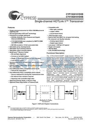 CYP15G0101DXB datasheet - Single-channel HOTLink Transceiver