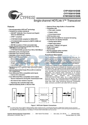 CYP15G0101DXB datasheet - Single-channel HOTLink II Transceiver