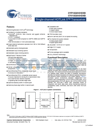 CYP15G0101DXB datasheet - Single-channel HOTLink II Transceiver Compliant to multiple standards