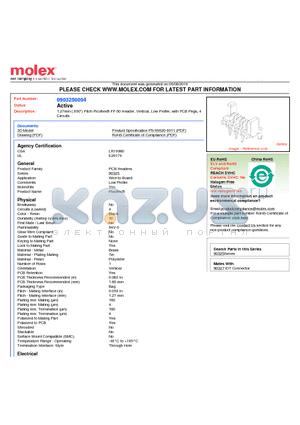 0903250004 datasheet - 1.27mm (.050) Pitch Picoflex^ PF-50 Header, Vertical, Low Profile, with PCB Pegs, 4 Circuits