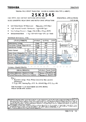 2SK2545 datasheet - FET Silicon N Channel Mos Type(for High speed, High Voltage Switching)