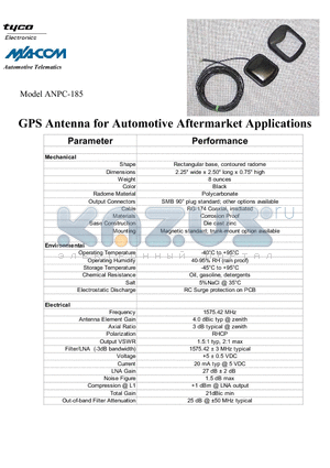 ANPC-185 datasheet - GPS Antenna for Automotive Aftermarket Applications