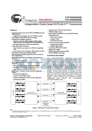 CYP15G0403DXB datasheet - Independent Clock Quad HOTLink II-TM Transceiver