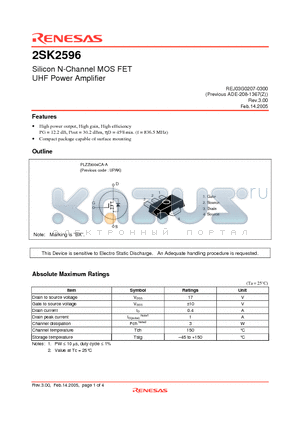 2SK2596 datasheet - Silicon N-Channel MOS FET UHF Power Amplifier