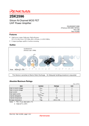 2SK2596BX datasheet - Silicon N-Channel MOS FET UHF Power Amplifier