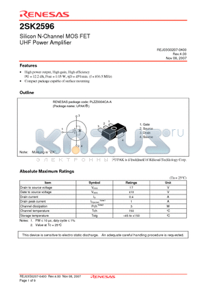 2SK2596BXTL-E datasheet - Silicon N-Channel MOS FET UHF Power Amplifier