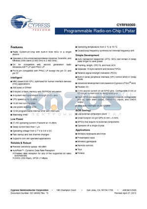 CYRF69303 datasheet - Programmable Radio-on-Chip LPstar