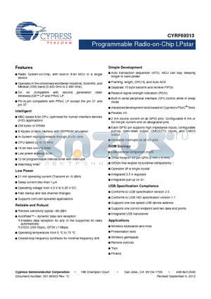 CYRF69313 datasheet - Programmable Radio-on-Chip LPstar