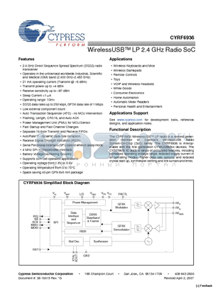 CYRF6936 datasheet - WirelessUSB LP 2.4 GHz Radio SoC