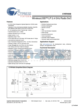 CYRF6936-40LFXC datasheet - WirelessUSB LP 2.4 GHz Radio SoC