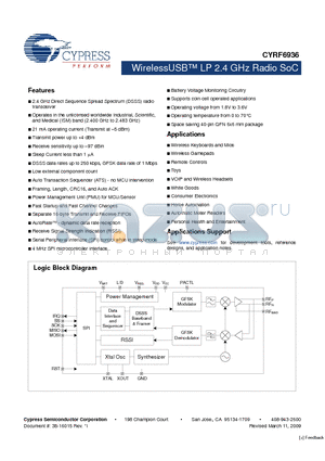 CYRF6936-40LTXC datasheet - WirelessUSB LP 2.4 GHz Radio SoC