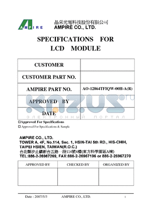 AO-12864TFIQW-00H-A datasheet - SPECIFICATIONS FOR LCD MODULE