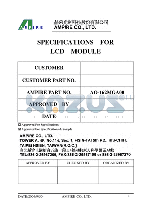 AO-162MGA00 datasheet - SPECIFICATIONS FOR LCD MODULE