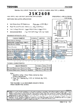 2SK2608 datasheet - N CHANNEL MOS TYPE (HIGH SPEED, HIGH VOLTAGE SWITCHING, SWITCHING REGULATOR APPLICATIONS)