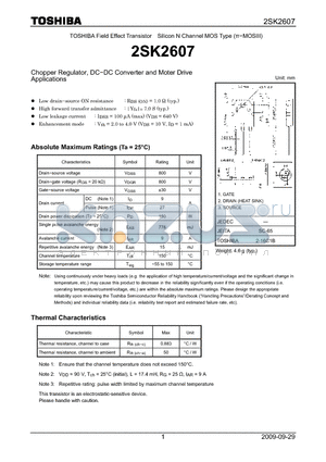 2SK2607 datasheet - Chopper Regulator, DC−DC Converter and Moter Drive Applications