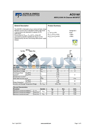 AO3160 datasheet - 600V,0.04A N-Channel MOSFET