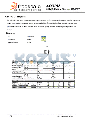 AO3162 datasheet - 600V,0.034A N-Channel MOSFET