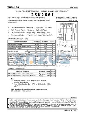 2SK2661 datasheet - N CHANNEL MOS TYPE (HIGH SPEED, HIGH VOLTAGE SWITCHING, CHOPPER REGULATOR, DC-DC CONVERTER AND MOTOR DRIVE APPLICATIONS)
