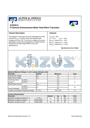 AO3401A datasheet - P-Channel Enhancement Mode Field Effect Transistor