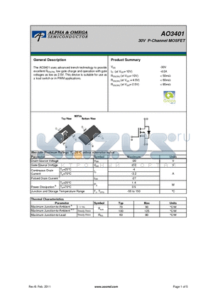 AO3401_11 datasheet - 30V P-Channel MOSFET