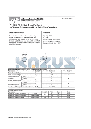 AO3402 datasheet - N-Channel Enhancement Mode Field Effect Transistor