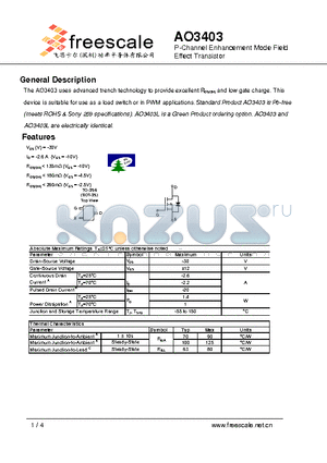 AO3403 datasheet - P-Channel Enhancement Mode Field Effect Transistor