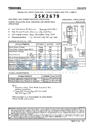 2SK2679 datasheet - N CHANNEL MOS TYPE (HIGH SPEED, HIGH VOLTAGE SWITCHING, CHOPPER REGULATOR, DC-DC CONVERTER AND MOTOR DRIVE APPLICATIONS)