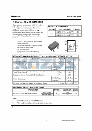 AO3403 datasheet - P-Channel 20-V (D-S) MOSFET High performance trench technology