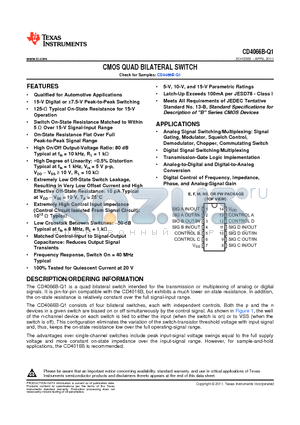 CD4066BQDRQ1 datasheet - CMOS QUAD BILATERAL SWITCH