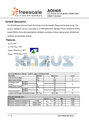 AO3406 datasheet - N-Channel Enhancement Mode Field Effect Transistor