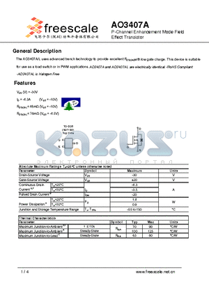 AO3407 datasheet - P-Channel Enhancement Mode Field Effect Transistor