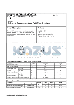 AO3407 datasheet - P-Channel Enhancement Mode Field Effect Transistor