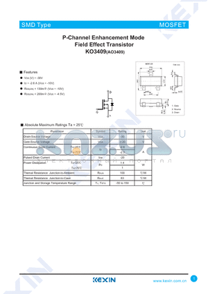 AO3409 datasheet - P-Channel Enhancement Mode Field Effect Transistor