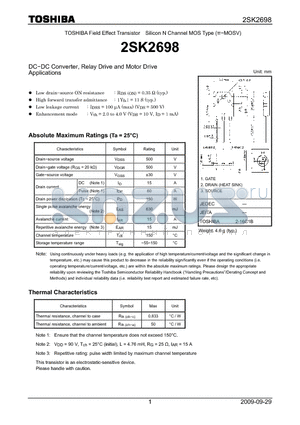 2SK2698 datasheet - DC−DC Converter, Relay Drive and Motor Drive Applications