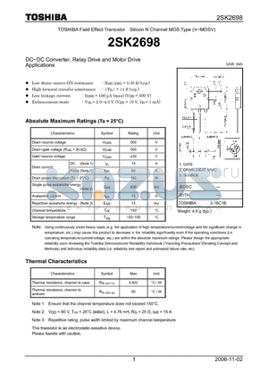 2SK2698_06 datasheet - Silicon N Channel MOS Type DC−DC Converter, Relay Drive and Motor Drive Applications