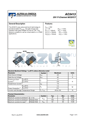 AO3413 datasheet - 20V P-Channel MOSFET