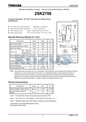 2SK2700 datasheet - Silicon N Channel MOS Type Chopper Regulator, DC-DC Converter and Motor Drive Applications