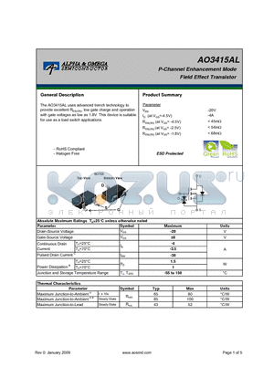 AO3415AL datasheet - P-Channel Enhancement Mode Field Effect Transistor