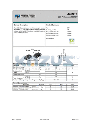 AO3415 datasheet - 20V P-Channel MOSFET