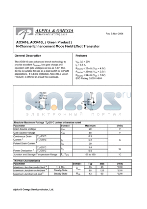 AO3416 datasheet - N-Channel Enhancement Mode Field Effect Transistor