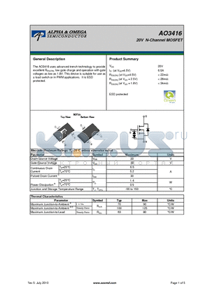 AO3416 datasheet - 20V N-Channel MOSFET