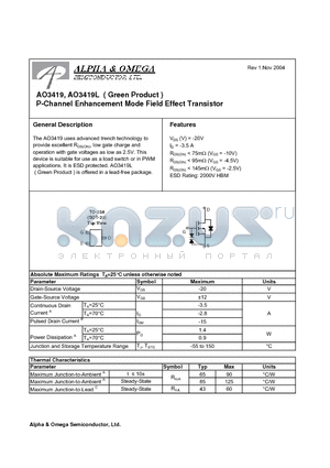 AO3419 datasheet - P-Channel Enhancement Mode Field Effect Transistor