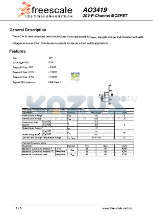 AO3419 datasheet - 20V P-Channel MOSFET