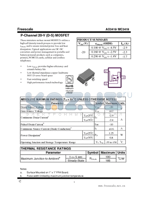 AO3419 datasheet - P-Channel 20-V (D-S) MOSFET Fast switching speed