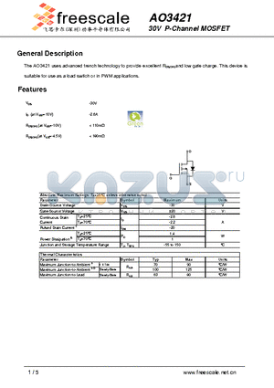 AO3421 datasheet - 30V P-Channel MOSFET