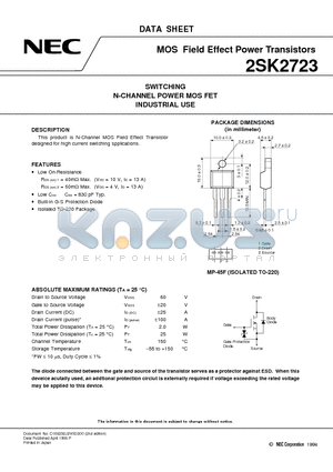 2SK2723 datasheet - SWITCHING N-CHANNEL POWER MOS FET INDUSTRIAL USE