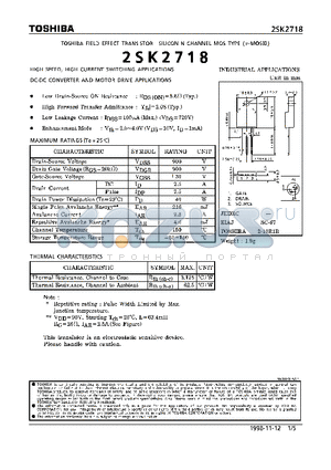 2SK2718 datasheet - N CHANNEL MOS TYPE (HIGH SPEED, HIGH CURRENT SWITCHING, DC-DC CONVERTER AND MOTOR DRIVE APPLICATIONS)