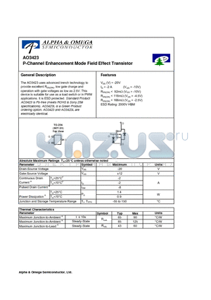 AO3423 datasheet - P-Channel Enhancement Mode Field Effect Transistor