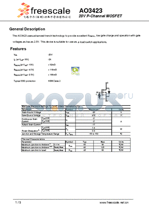 AO3423 datasheet - 20V P-Channel MOSFET
