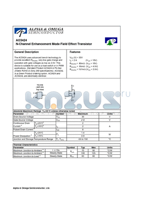 AO3424 datasheet - N-Channel Enhancement Mode Field Effect Transistor